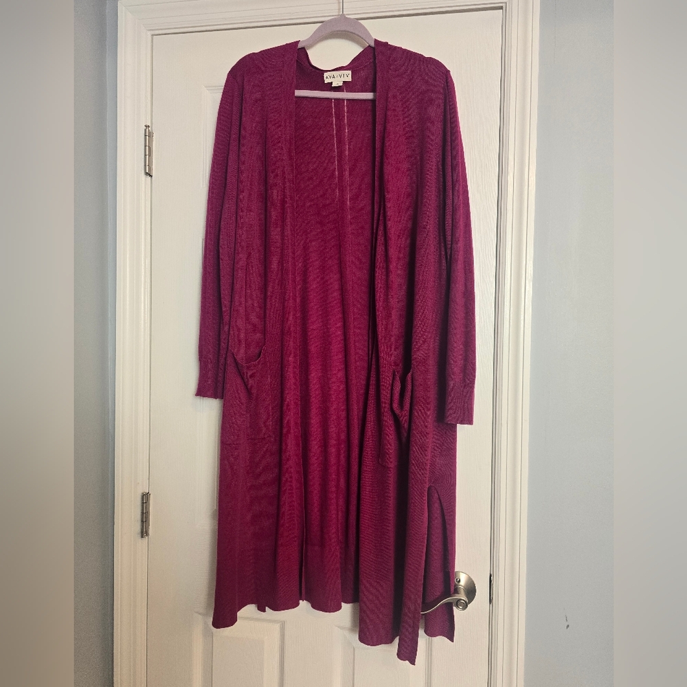 Ava Viv Open Front Long Slevee Cardiga Sz 2X Linen Blend Burgundy Magenta Summer